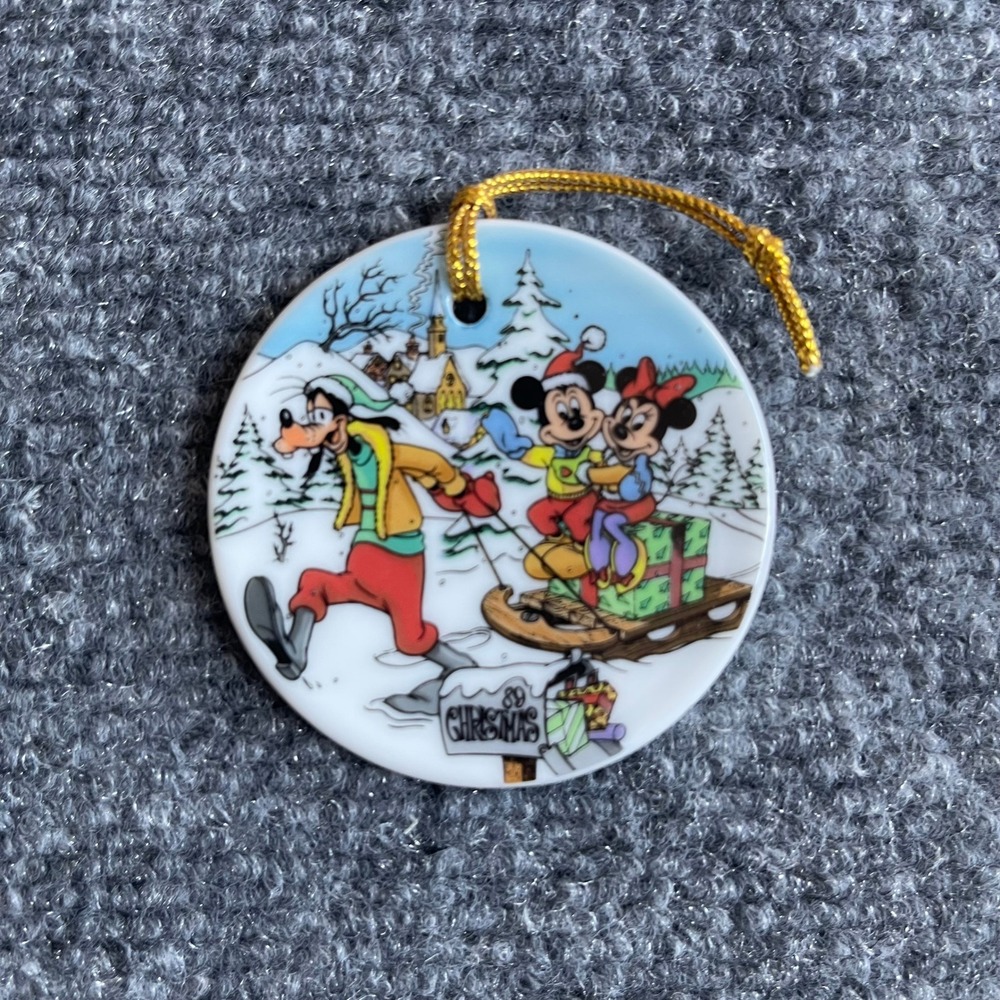 Vintage 1989 Disney Collection The Sleigh Ride Ceramic Ornament Mickey Goofy Box